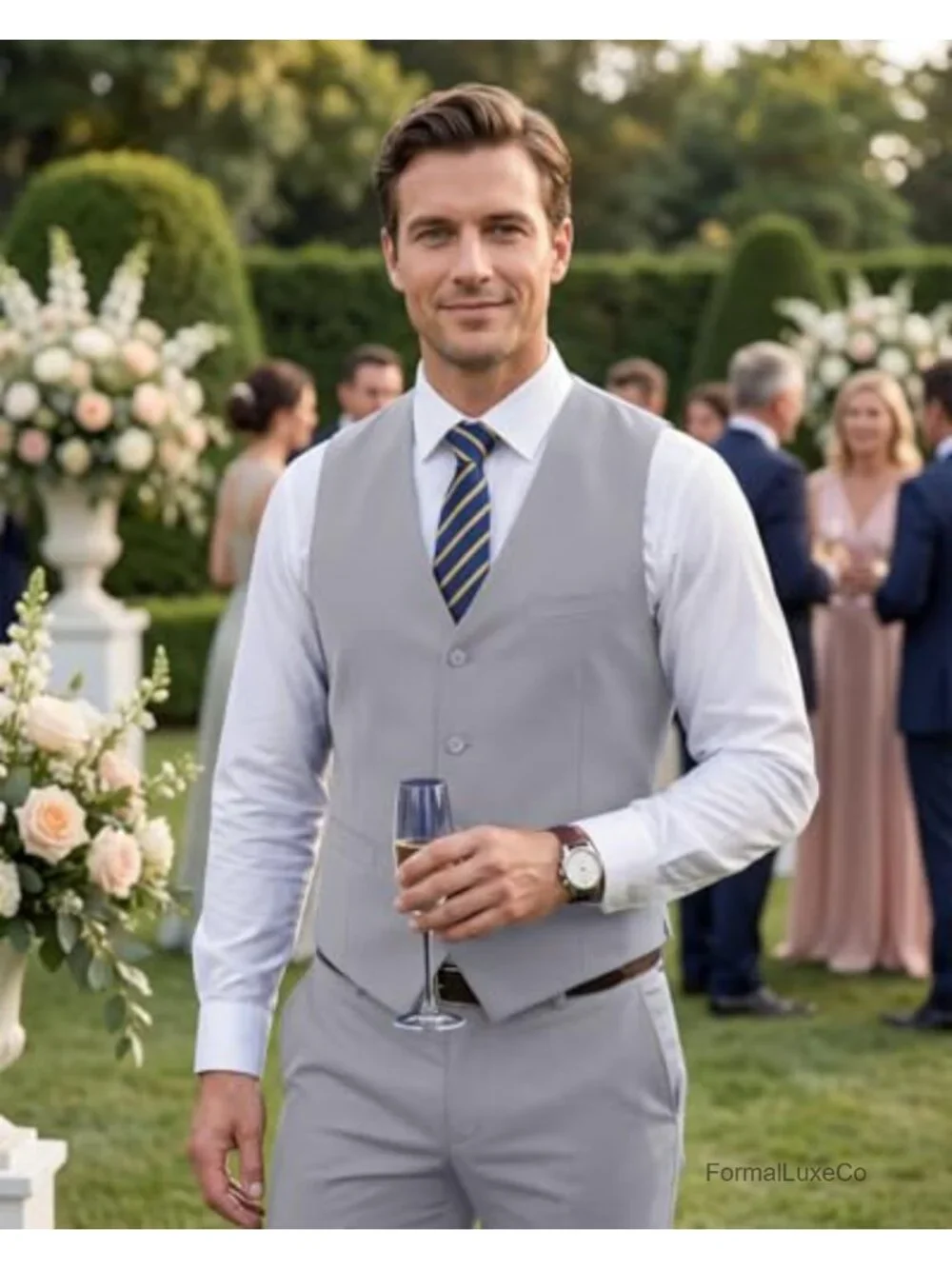 Men's 2-Piece Slim Fit Suit Set with Vest & Adjustable Pants, Wedding Tuxedo